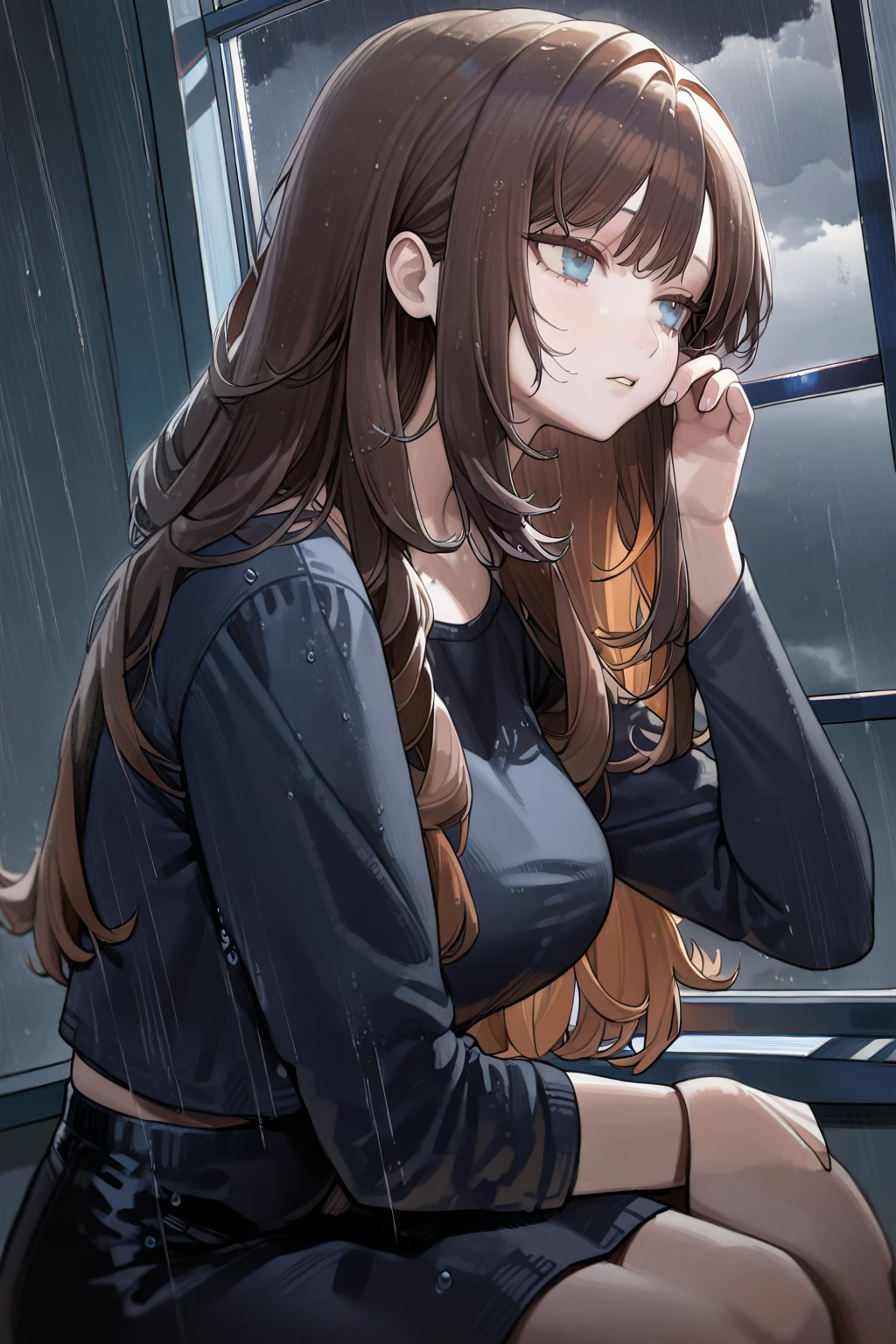 1 girl, CuteStyle, upper body, blue eyes, long hair with bangs, brown hair, looks away, sits on the windowsill, cloudy weather, black clouds, rain outside the window, water drops on the window, gray shades, dressed in a black T-shirt, big hips, sad look, red tulle, detailed, beautiful, delicate tones