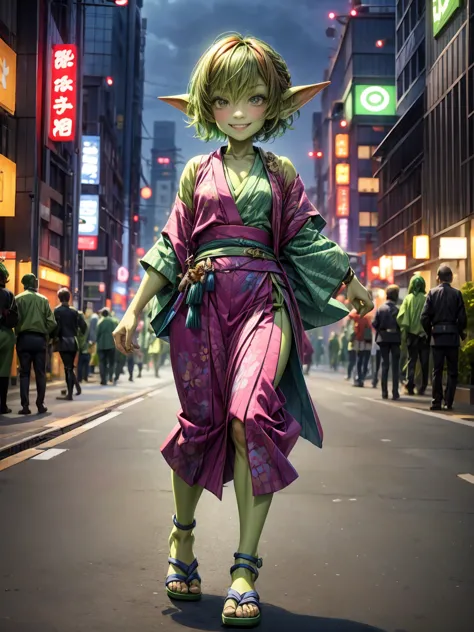 1 girl, short hair, green goblin girl, green skin, small pointy ears, ((rainbow hair1.3)), wearing fashionable japanese urbanwea...