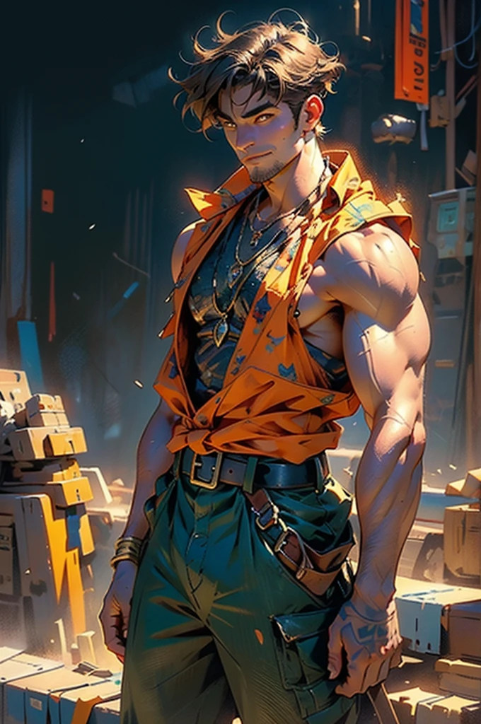 (masterpiece:1.2, best quality, Extremely refined), Man with short brown hair,nude， short hair, Bronzed skin, a handsome face, Deep eyes, Wild smile, ((topless, manly)), There is stubble on the chin, Wearing a necklace with fangs, muscular, Fantasy realistic style blue open short vest, Sleeveless, There is a cloth belt tied around the arm, Yellow belt, green overalls, Standing on the endless coastline, This character embodies a carefully crafted fantasy-reality style thief in the anime style, Exquisite and mature comic art style, Dramatic, HD, High resolution, Super detailed, Ultra-fine coating, professional, Perfect body proportions, golden ratio, anatomically correct, symmetrical face, Extremely detailed eyes and face, high quality eyes, creativity, original photo, 超HD, 32k, Natural light, movie lighting, masterpiece-anatomy-perfect