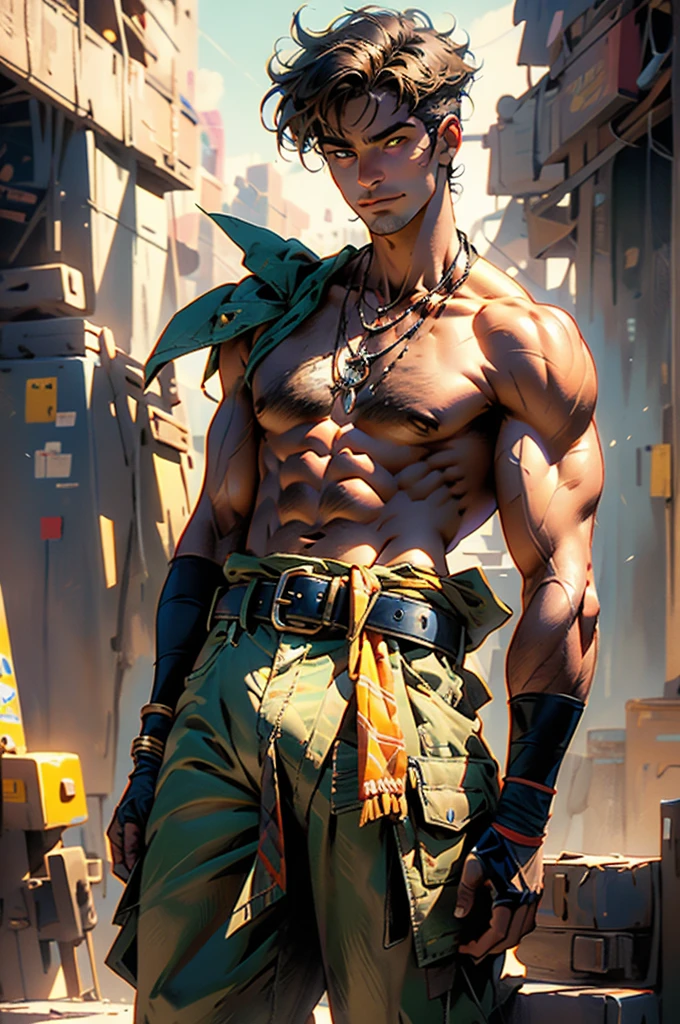 (masterpiece:1.2, best quality, Extremely refined), Man with short brown hair,nude， short hair, Bronzed skin, a handsome face, Deep eyes, Wild smile, ((topless, manly)), There is stubble on the chin, Wearing a necklace with fangs, muscular, fantasy realistic style necklace, There is a cloth belt tied around the arm, Yellow belt, green overalls, Standing on the endless coastline, This character embodies a carefully crafted fantasy-reality style thief in the anime style, Exquisite and mature comic art style, Dramatic, HD, High resolution, Super detailed, Ultra-fine coating, professional, Perfect body proportions, golden ratio, anatomically correct, symmetrical face, Extremely detailed eyes and face, high quality eyes, creativity, original photo, 超HD, 32k, Natural light, movie lighting, masterpiece-anatomy-perfect