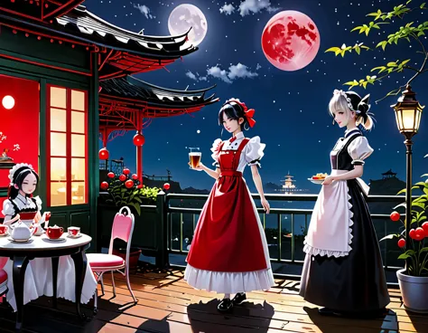 red moon、moonlit terrace、tea party、a wrecked maid robot feeding