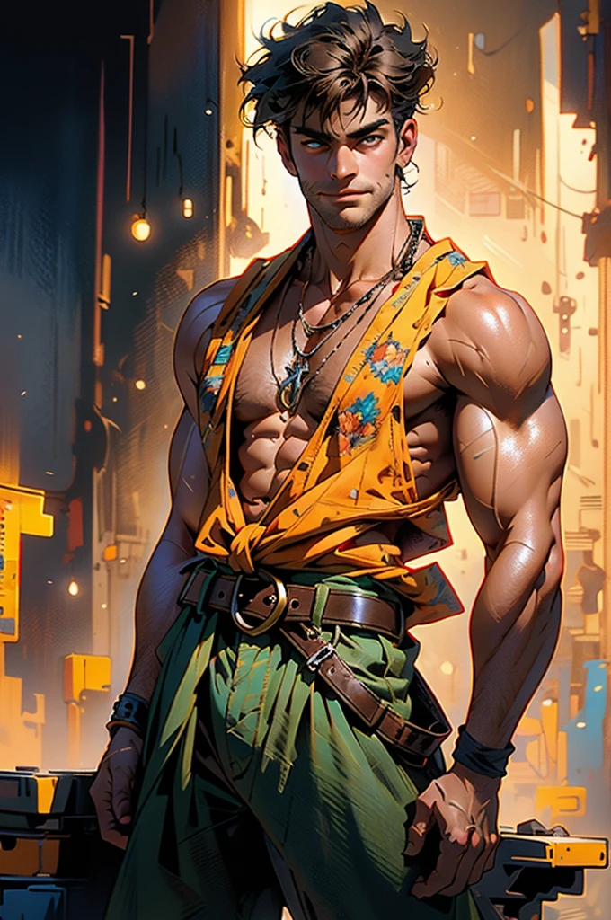 (masterpiece:1.2, best quality, Extremely refined), Man with short brown hair,nude， short hair, Bronzed skin, a handsome face, Deep eyes, Wild smile, ((topless, manly)), There is stubble on the chin, Wearing a necklace with fangs, muscular, Fantasy realistic style blue open short vest, Sleeveless, There is a cloth belt tied around the arm, Yellow belt, green overalls, Jumping on the endless coastline, This character embodies a carefully crafted fantasy-reality style thief in the anime style, Exquisite and mature comic art style, Dramatic, HD, High resolution, Super detailed, Ultra-fine coating, professional, Perfect body proportions, golden ratio, anatomically correct, symmetrical face, Extremely detailed eyes and face, high quality eyes, creativity, original photo, 超HD, 32k, Natural light, movie lighting, masterpiece-anatomy-perfect