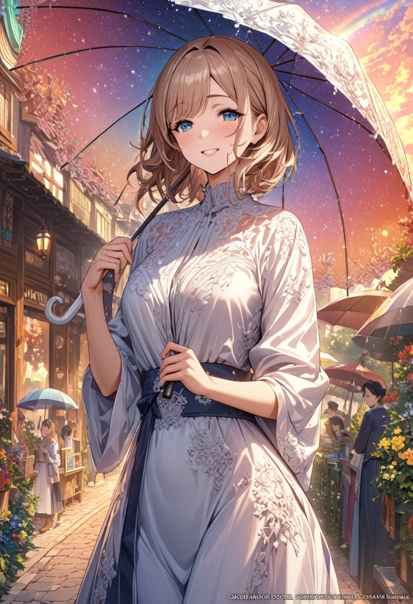 "masterpiece:1.2,High resolution,Official artwork,Beautiful details:1.2,Emphasize the upper body.A woman peeks out from behind an open umbrella with a starry sky pattern,He shows off his prized umbrella and smiles with pride.,A rainbow after the rain looks great against the sunset sky,Very detailed,Colorful and lively scenes.This piece shows the beauty of fractal art..:1.3. As complex and detailed as possible."