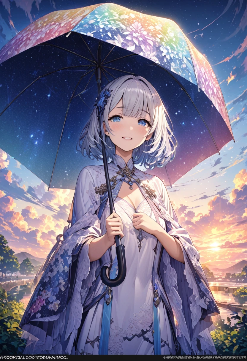"masterpiece:1.2,High resolution,Official artwork,Beautiful details:1.2,Emphasize the upper body.A woman peeks out from behind an open umbrella with a starry sky pattern,He shows off his prized umbrella and smiles with pride.,A rainbow after the rain looks great against the sunset sky,Very detailed,Colorful and lively scenes.This piece shows the beauty of fractal art..:1.3. As complex and detailed as possible."