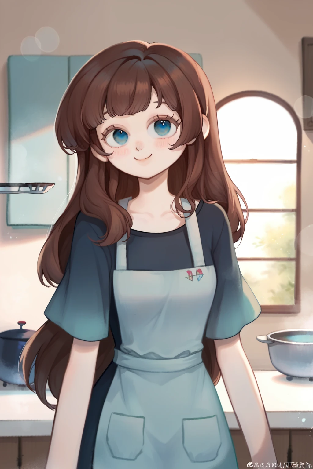 1 girl, CuteStyle, upper body, blue eyes, brown hair, long hair with bangs, dressed in a black T-shirt, wearing a blue cooking apron, standing in the kitchen, cooking, standing near the stove, window, light, the sun's rays make their way through the window, specks of dust in the air, focusing, blurred background, looking at the viewer, blush, happy smile, happy eyes, detailed, beautiful, gentle tones