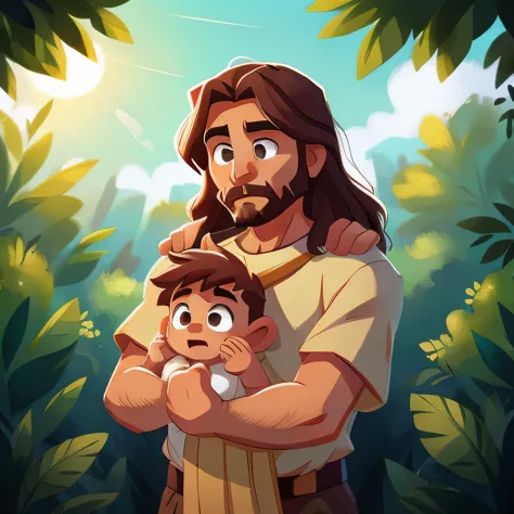 Jesus with a baby on his shoulders outside