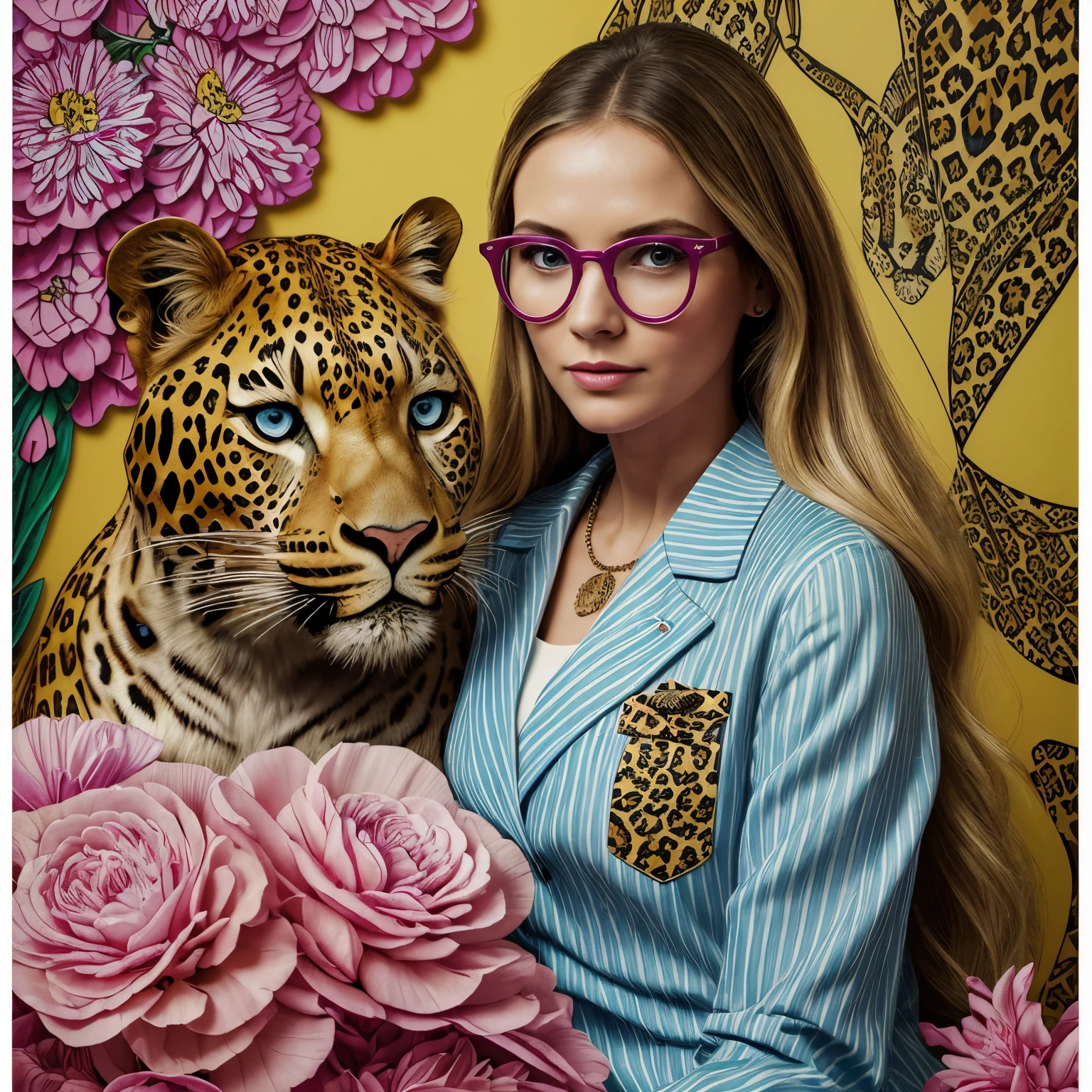 ((masterpiece, excellent quality, high precision drawing of details, 4K, high degree of detail)), a blonde woman of 30 years old, (a leopard beast is sitting next to her), a watercolor drawing of an elegant leopard in a bright floral jacket on a yellow background, double-breasted with wide lapels, with a fly pendant, a narrow striped shirt white and sky blue, round fuchsia maxi glasses, with a pop art painting by Annabel Kidston, winner of the behance competition, "naive art", "maximalism", "fauvism", "pop art".