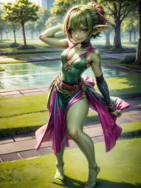 1 girl, short hair, green goblin girl, green skin, small pointy ears, (rainbow hair), very fashionable, smiling, full body, outd...