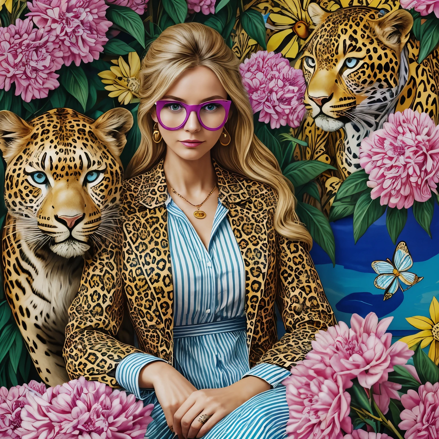 ((masterpiece, excellent quality, high precision drawing of details, 4K, high degree of detail)), a blonde woman of 30 years old, (a leopard beast is sitting next to her), a watercolor drawing of an elegant leopard in a bright floral jacket on a yellow background, double-breasted with wide lapels, with a fly pendant, a narrow striped shirt white and sky blue, round fuchsia maxi glasses, with a pop art painting by Annabel Kidston, winner of the behance competition, "naive art", "maximalism", "fauvism", "pop art".