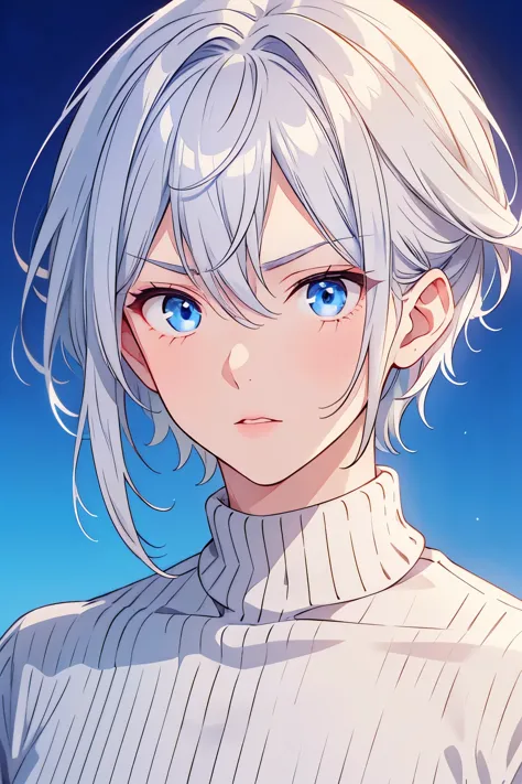 Boy, silver hair, blue eyes, serious sharp features, white skin, shiny lips, handsome, sweater