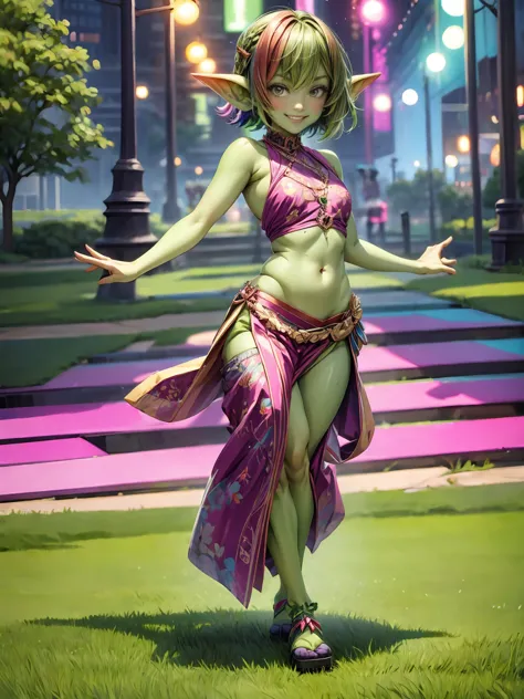 1 girl, short hair, green goblin girl, green skin, small pointy ears, ((rainbow hair)), very fashionable, smiling, full body, ou...