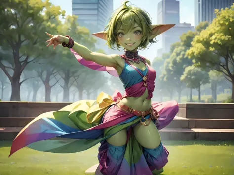 1 girl, short hair, green goblin girl, green skin, small pointy ears, ((rainbow hair)), very fashionable, smiling, full body, ou...