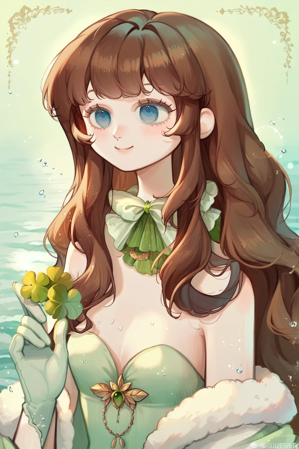 1 girl, CuteStyle, blue eyes, brown hair, long hair with bangs, flowing hair, upper body, dynamic, dressed in a pale green transparent long dress, strapless dress, sleeveless dress, white shawl with fur trim, shiny dress, water drops, pale green latex gloves, bunches green grapes, detailed, lots of details, beautiful, blush, small smile, delicate tones