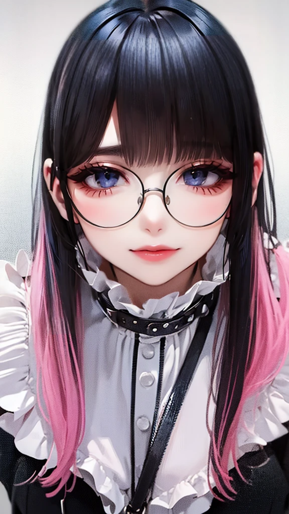 (random sexy pose),(Thin type:1.5),(large breasts),(wearing glasses:1.5),(half color hair black and pink:1.5,random hairstyle),(Highest image quality, (8K), Ultra-realistic, Best Quality, High quality, High Definition, high quality texture, high detailing, Beautiful detailed, fine detailed, extremely details CG, Detailed texture, realistic representation of face, masterpiece, presence)