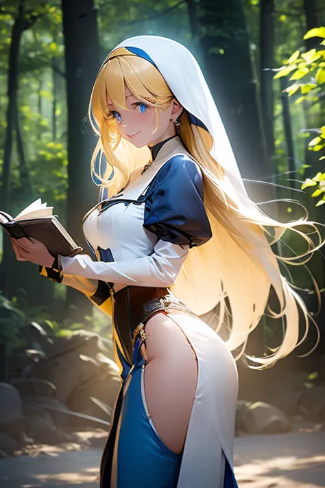 girl with long bright yellow hair, blue colored eyes,tight-fitting nun dress with corset and high neck, with white sleeves with ...