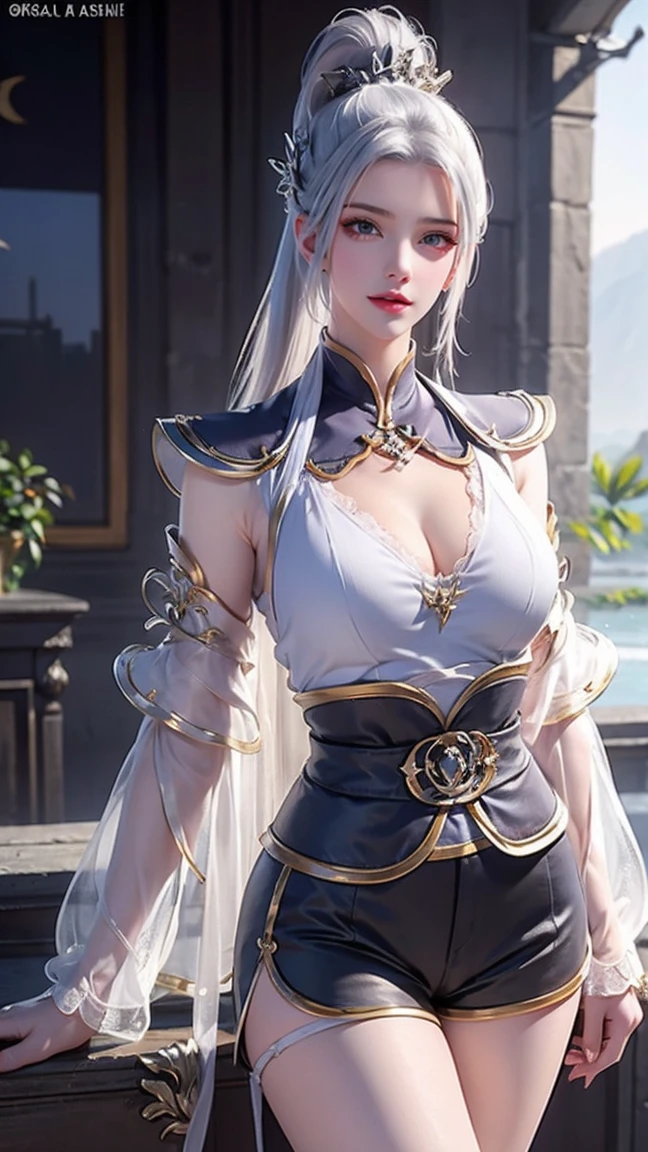 a white hair、Close-up of woman wearing white mask, Beautiful character painting, Guweiz, Gurwitz-style artwork, White-haired god, author：Yang Jie, Epic and beautiful character art, Stunning character art, author：Fan Qi, by Wuzhun Shifan, pixiv art street guweiz, Single ponytail, insult, High Ponytail, tall and big, Long legs, (Sleeveless lace shirt), (shorts), (Striped )), ((Striped )), Walk, elegant, dignified, woman, Beautiful curves, sweet smile, Strong sense of detail and layering, Rich and colorful colour, Has a unique texture, Colorful, colour, vivid, design art, 16K, Ultra Detailed, {{illustration}}, {Extremely refined}, {Exquisite surface treatment}, Ultra Detailed, Delicate and shining eyes, {{Movie Lighting}}, Extreme lighting effects, model: Realism, CFG size: 12, Laura: Bright texture (1.35), high quality, masterpiece, Exquisite facial features, Delicate hair depiction, Detailed depiction of the eyes, masterpiece, best quality, Ray Tracing, Extremely detailed CG unified 8k wallpaper, masterpiece, best quality, (1 girl), Perfect woman figure, (((tight white t shirt))), beautiful eyes, (Delicate face), Black short hair, Tie your hair up, Light blue hairpin, Black Silk Frame Glasses, In class, (White skin), (Optimal lighting), (Super intricate details), 4k unity, (Ultra Detailed CG), Showing off her white legs, , Hot Pants, shorts,
