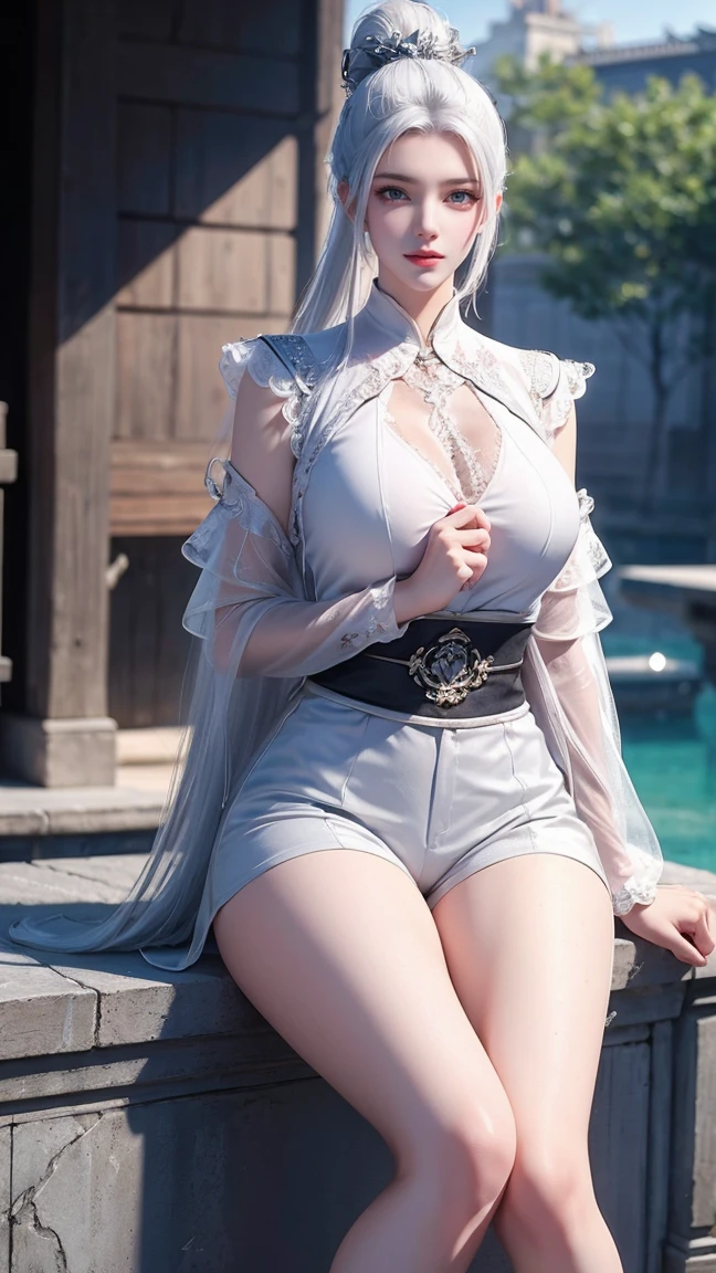 a white hair、Close-up of woman wearing white mask, Beautiful character painting, Guweiz, Gurwitz-style artwork, White-haired god, author：Yang Jie, Epic and beautiful character art, Stunning character art, author：Fan Qi, by Wuzhun Shifan, pixiv art street guweiz, Single ponytail, insult, High Ponytail, tall and big, Long legs, (Sleeveless lace shirt), (shorts), (Striped )), ((Striped )), Walk, elegant, dignified, woman, Beautiful curves, sweet smile, Strong sense of detail and layering, Rich and colorful colour, Has a unique texture, Colorful, colour, vivid, design art, 16K, Ultra Detailed, {{illustration}}, {Extremely refined}, {Exquisite surface treatment}, Ultra Detailed, Delicate and shining eyes, {{Movie Lighting}}, Extreme lighting effects, model: Realism, CFG size: 12, Laura: Bright texture (1.35), high quality, masterpiece, Exquisite facial features, Delicate hair depiction, Detailed depiction of the eyes, masterpiece, best quality, Ray Tracing, Extremely detailed CG unified 8k wallpaper, masterpiece, best quality, (1 girl), Perfect woman figure, (((tight white t shirt))), beautiful eyes, (Delicate face), Black short hair, Tie your hair up, Light blue hairpin, Black Silk Frame Glasses, In class, (White skin), (Optimal lighting), (Super intricate details), 4k unity, (Ultra Detailed CG), Showing off her white legs, , Hot Pants, shorts,
