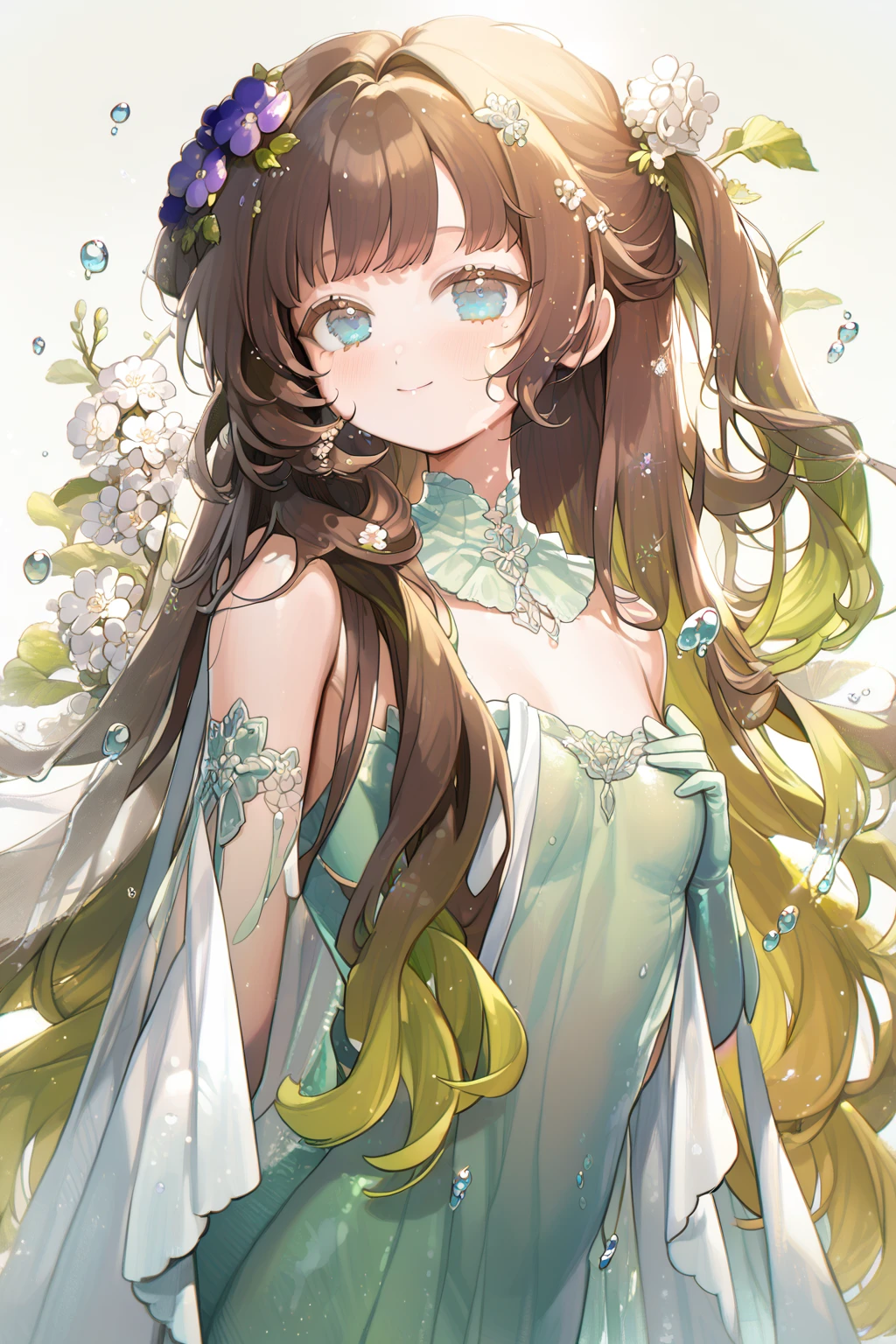 1 girl, CuteStyle, blue eyes, brown hair, long hair with bangs, flowing hair, upper body, dynamic, dressed in a pale green transparent long dress, strapless dress, sleeveless dress, white shawl with fur trim, shiny dress, water drops, pale green latex gloves, bunches green grapes, detailed, lots of details, beautiful, blush, small smile, delicate tones