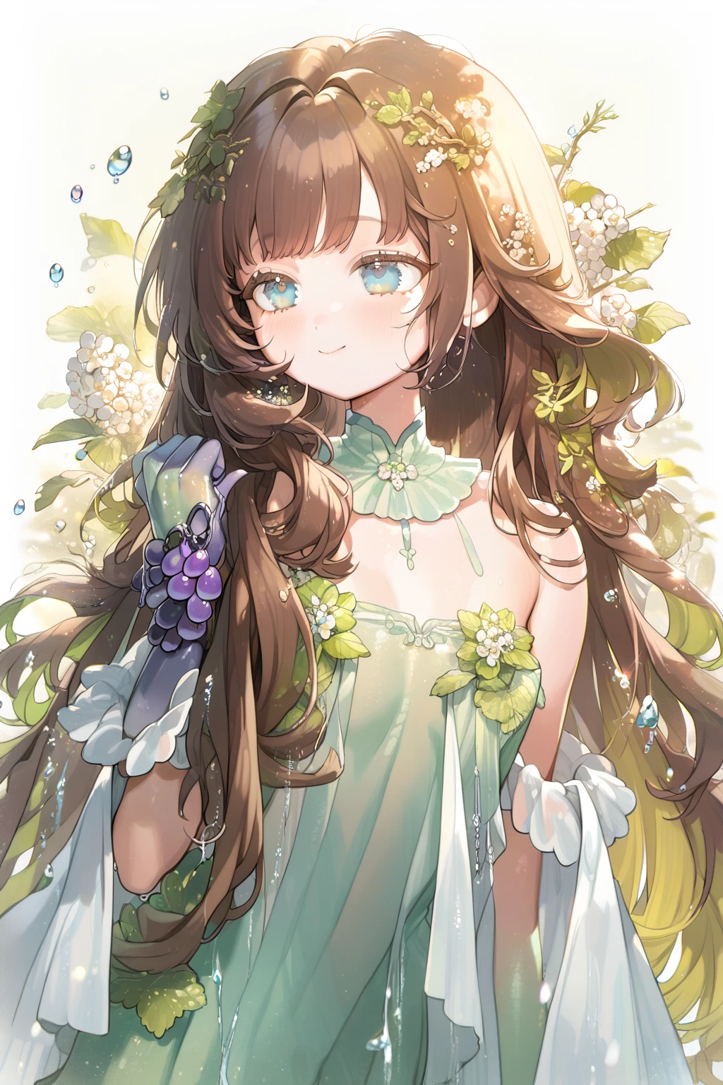 1 girl, CuteStyle, blue eyes, brown hair, long hair with bangs, flowing hair, upper body, dynamic, dressed in a pale green transparent long dress, strapless dress, sleeveless dress, white shawl with fur trim, shiny dress, water drops, pale green latex gloves, bunches green grapes, detailed, lots of details, beautiful, blush, small smile, delicate tones