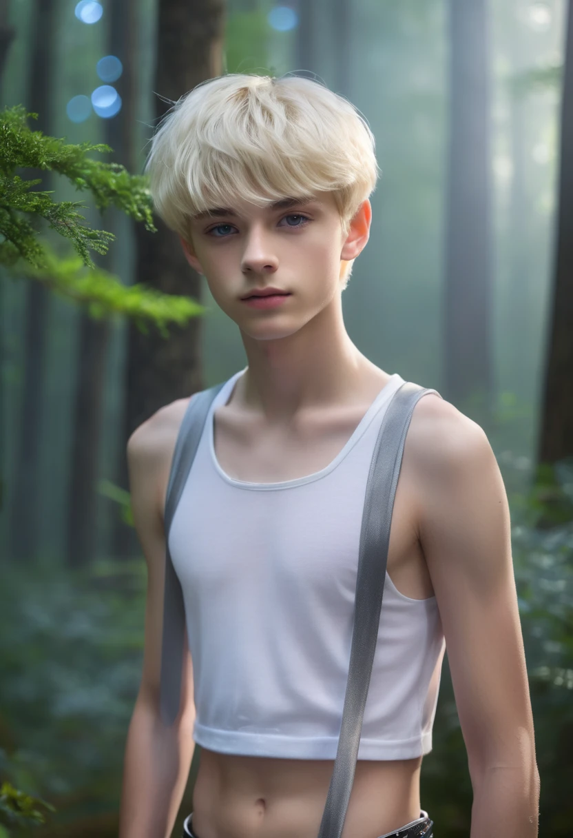 ((1 cute femboy)), (Teen model posing), (14 years), (Pale young twink man), close-up, very thin blond short hair with ribbon, silver croptop, led decoration lights, Misty Forest, masterpiece, Best quality, better lighting, Photorealistic, 8 k, A high resolution, Detailed skin, 8 k uhd, SLR camera, soft lighting, high quality, Granularity, Fujifilm XT3