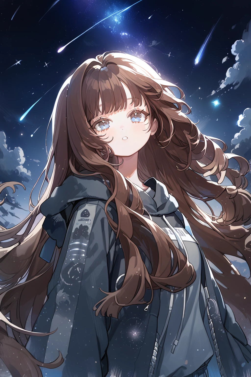 1 girl, CuteStyle, blue eyes, brown hair, long hair with bangs, upper body, flowing hair, dressed in a black hoodie and gray jeans, black fingerless gloves, looking at the viewer, calm gaze, sky, night sky, sky studded with stars, comets, dark, detailed, beautiful, delicate tones