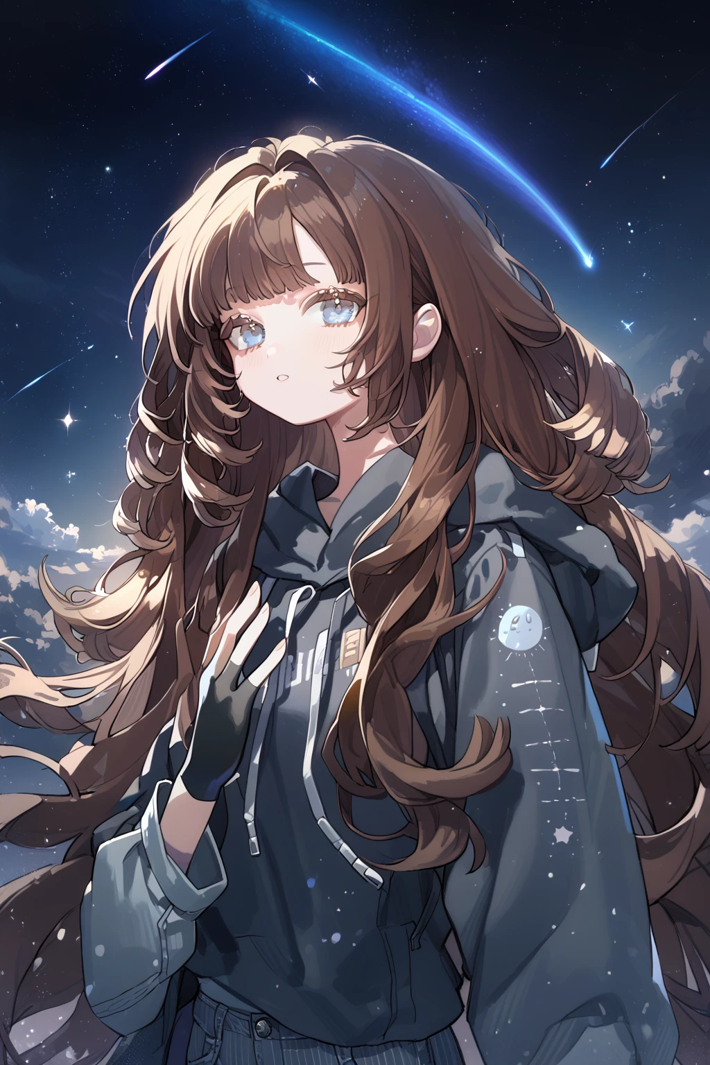 1 girl, CuteStyle, blue eyes, brown hair, long hair with bangs, upper body, flowing hair, dressed in a black hoodie and gray jeans, black fingerless gloves, looking at the viewer, calm gaze, sky, night sky, sky studded with stars, comets, dark, detailed, beautiful, delicate tones