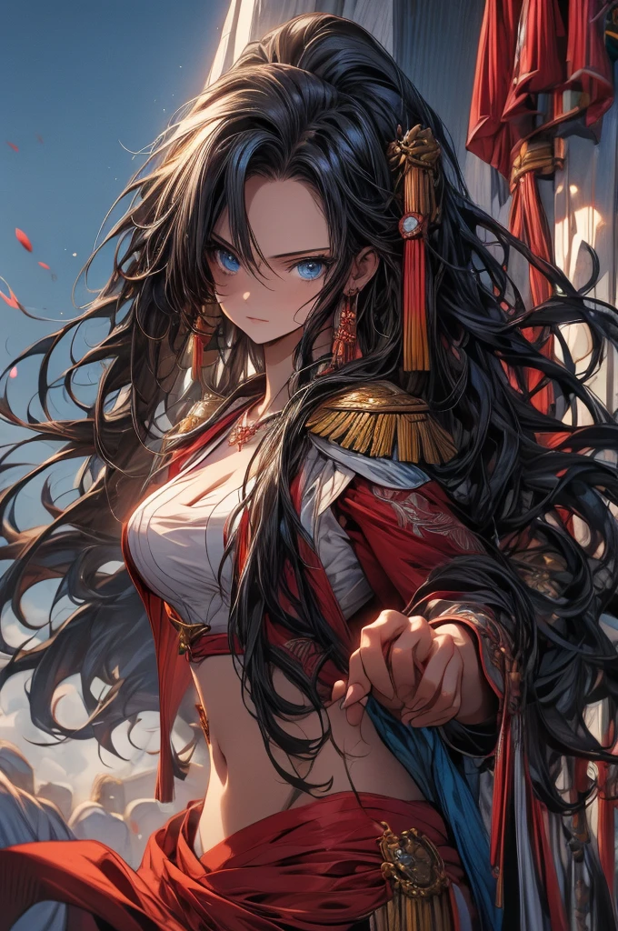 best quality,masterpiece,8k wallpaper,absurdres, highres, ultra detailed, (1 young beautiful girl, solo:1.1),breasts, boa hancock,black hair, cape, earrings, jewelry, midriff, large breasts, cleavage, navel, long hair, blue eyes,groin, long legs,epaulettes,torii, cherry_blossoms,cowboy shot,upper body ,BREAK