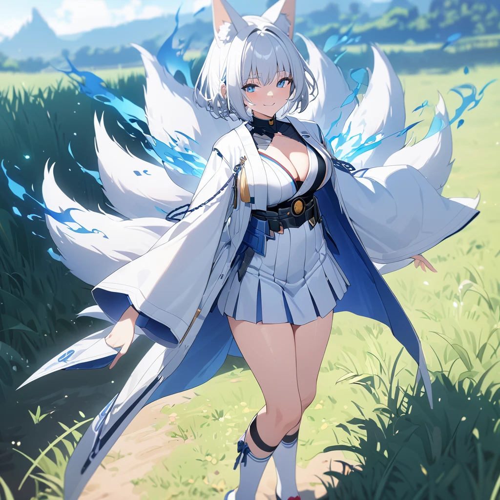 A woman wearing a long white coat with blue details, white kimono, short blue skirt, Japanese aesthetics, long white socks, red heels, blue eyes, white hair, short hair, kitsune ear, kitsune tail, multi tail, blue flames around, in an open field, blue flames. smiling, big breasts. UHD, prime work, accurate, anatomically correct, textured skin, super details, high quality, best quality, 8k, high resolution, bokeh effect. (woman alone)
