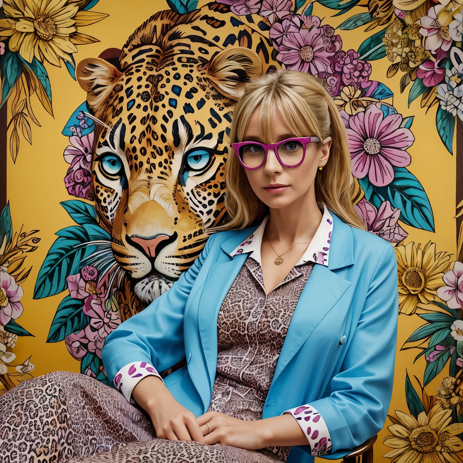 ((masterpiece, excellent quality, high precision drawing of details, 4K, high degree of detail)), a blonde woman of 30 years old, (a leopard beast is sitting next to her), a watercolor drawing of an elegant leopard in a bright floral jacket on a yellow background, double-breasted with wide lapels, with a fly pendant, a narrow striped shirt white and sky blue, round fuchsia maxi glasses, with a pop art painting by Annabel Kidston, winner of the behance competition, "naive art", "maximalism", "fauvism", "pop art".