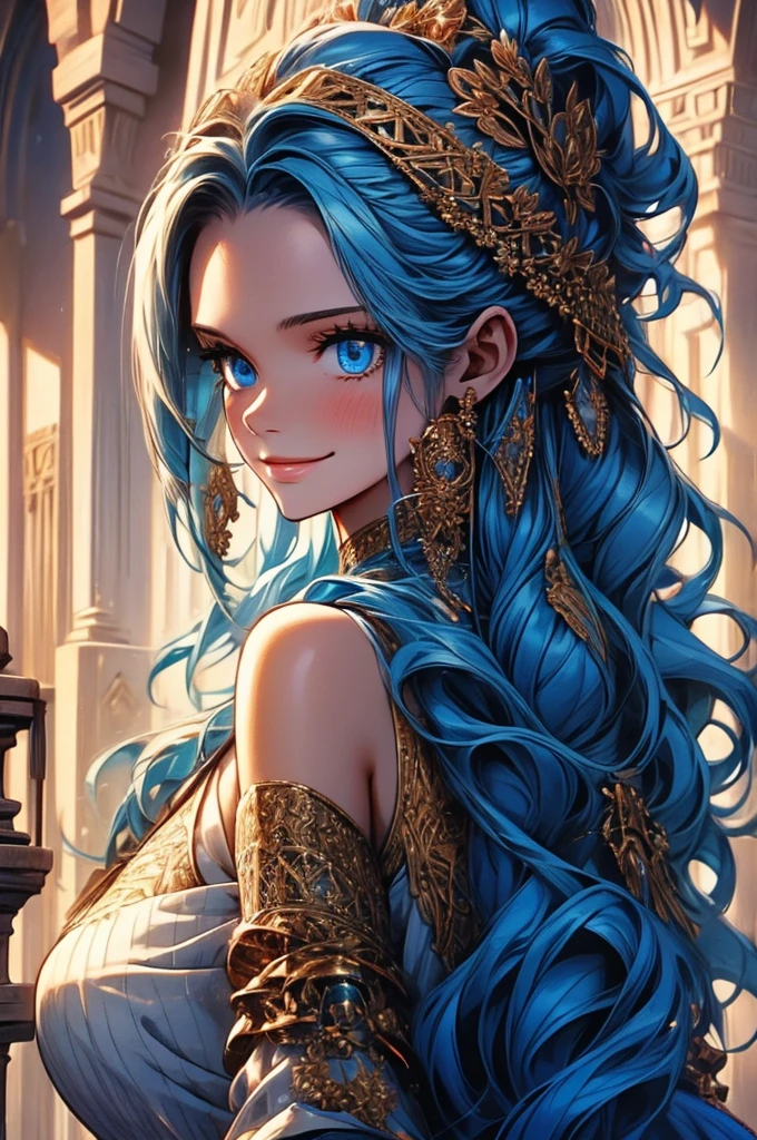 Masterpiece, ((Ultra detailed backgrounds, Delicate pattern, intricately details)), (Highly detailed, Fine details), Best quality, 1girll, Long hair, cleavage，Large breasts，Off-the-shoulder attire，Blue hair, Solo, jewelry, Earrings, pony tails, hair adornments, necklace, sky, Blue eyes, complex detailed background, outside, Sunny, desert town environment, hair lift, with hands behind her back, Smile,sexyposture