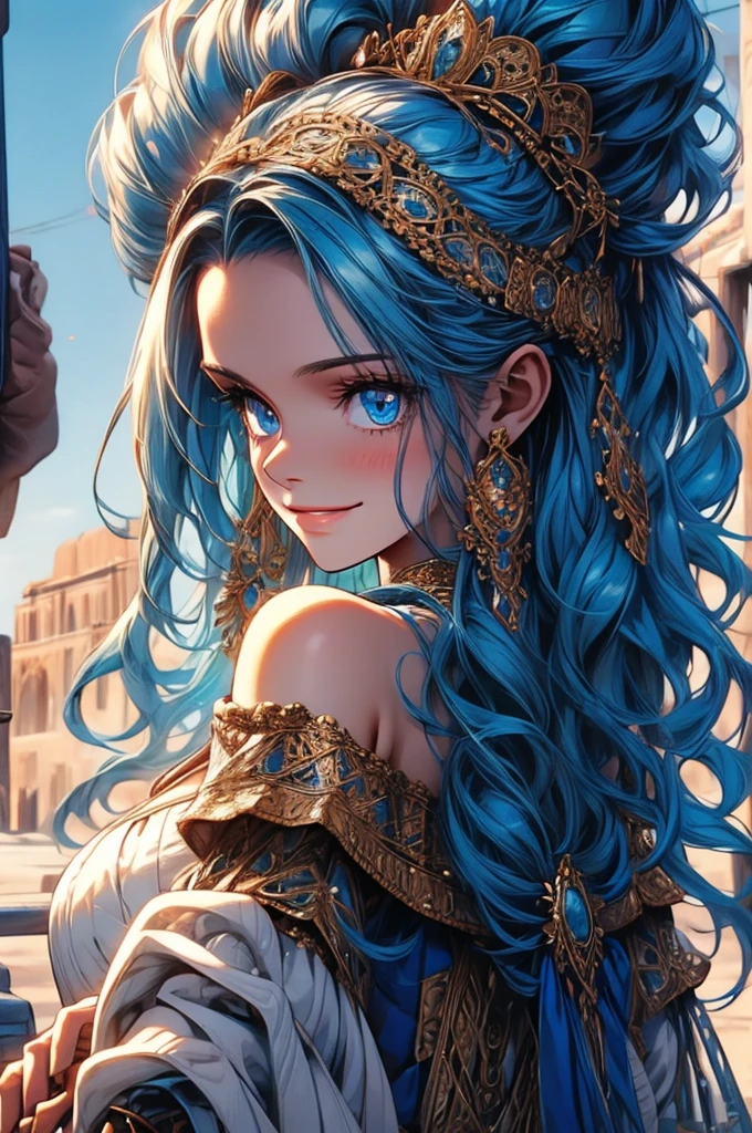 Masterpiece, ((Ultra detailed backgrounds, Delicate pattern, intricately details)), (Highly detailed, Fine details), Best quality, 1girll, Long hair, cleavage，Large breasts，Off-the-shoulder attire，Blue hair, Solo, jewelry, Earrings, pony tails, hair adornments, necklace, sky, Blue eyes, complex detailed background, outside, Sunny, desert town environment, hair lift, with hands behind her back, Smile,sexyposture