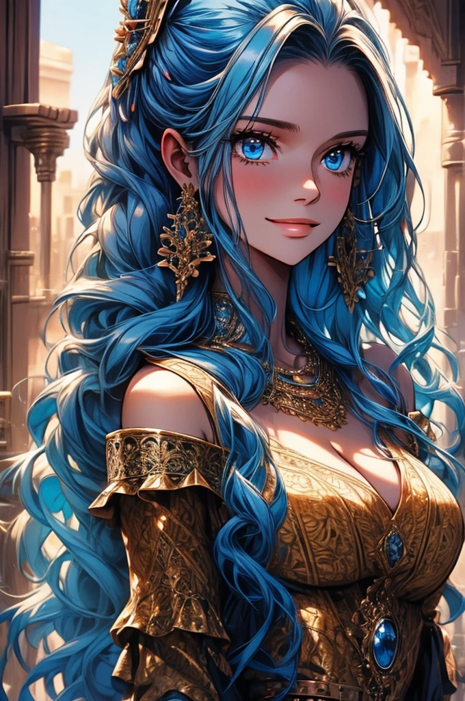 Masterpiece, ((Ultra detailed backgrounds, Delicate pattern, intricately details)), (Highly detailed, Fine details), Best quality, 1girll, Long hair, cleavage，Large breasts，Off-the-shoulder attire，Blue hair, Solo, jewelry, Earrings, pony tails, hair adornments, necklace, sky, Blue eyes, complex detailed background, outside, Sunny, desert town environment, hair lift, with hands behind her back, Smile,sexyposture