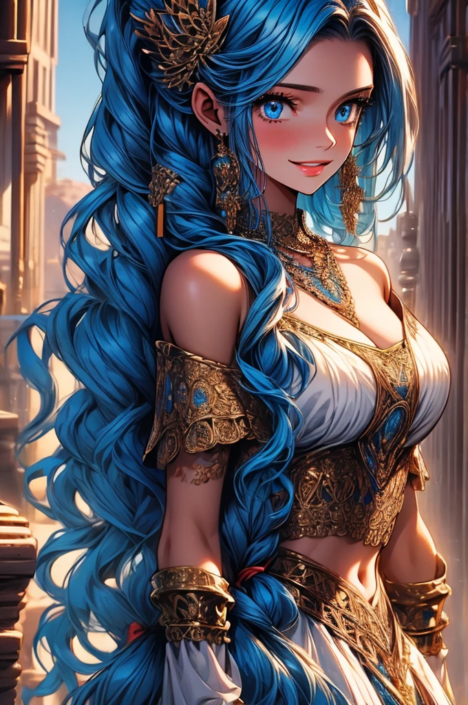 Masterpiece, ((Ultra detailed backgrounds, Delicate pattern, intricately details)), (Highly detailed, Fine details), Best quality, 1girll, Long hair, cleavage，Large breasts，Off-the-shoulder attire，Blue hair, Solo, jewelry, Earrings, pony tails, hair adornments, necklace, sky, Blue eyes, complex detailed background, outside, Sunny, desert town environment, hair lift, with hands behind her back, Smile,sexyposture