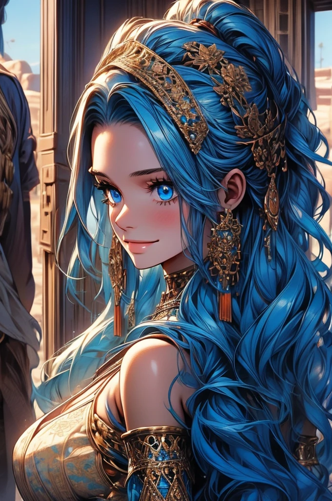 Masterpiece, ((Ultra detailed backgrounds, Delicate pattern, intricately details)), (Highly detailed, Fine details), Best quality, 1girll, Long hair, cleavage，Large breasts，Off-the-shoulder attire，Blue hair, Solo, jewelry, Earrings, pony tails, hair adornments, necklace, sky, Blue eyes, complex detailed background, outside, Sunny, desert town environment, hair lift, with hands behind her back, Smile,sexyposture