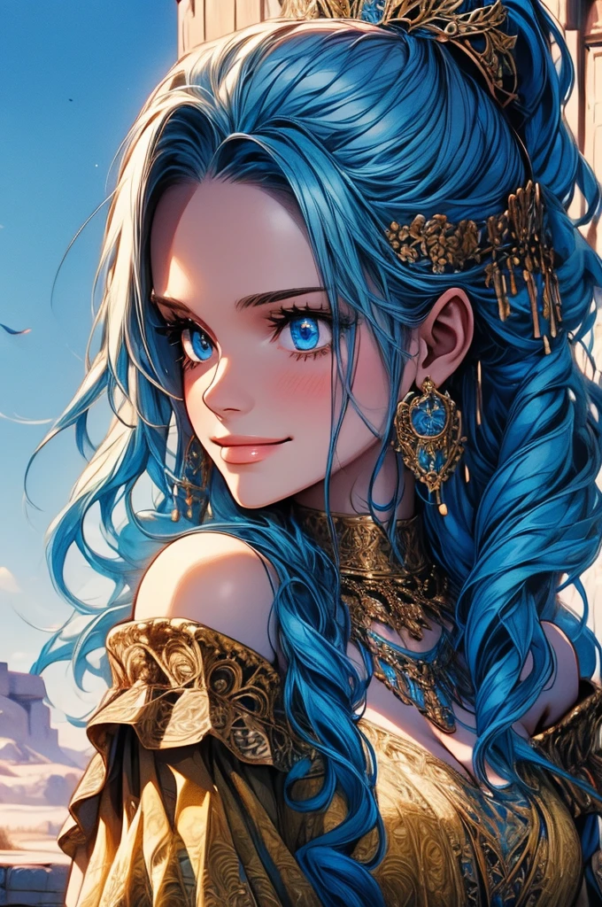 Masterpiece, ((Ultra detailed backgrounds, Delicate pattern, intricately details)), (Highly detailed, Fine details), Best quality, 1girll, Long hair, cleavage，Large breasts，Off-the-shoulder attire，Blue hair, Solo, jewelry, Earrings, pony tails, hair adornments, necklace, sky, Blue eyes, complex detailed background, outside, Sunny, desert town environment, hair lift, with hands behind her back, Smile,sexyposture