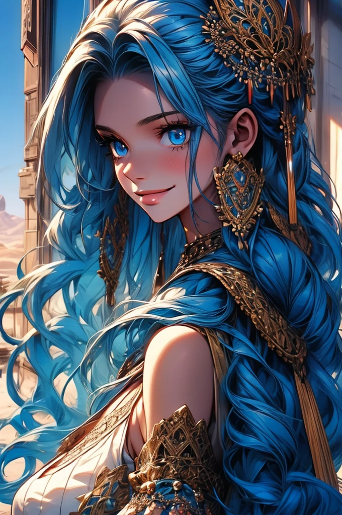 Masterpiece, ((Ultra detailed backgrounds, Delicate pattern, intricately details)), (Highly detailed, Fine details), Best quality, 1girll, Long hair, cleavage，Large breasts，Off-the-shoulder attire，Blue hair, Solo, jewelry, Earrings, pony tails, hair adornments, necklace, sky, Blue eyes, complex detailed background, outside, Sunny, desert town environment, hair lift, with hands behind her back, Smile,sexyposture