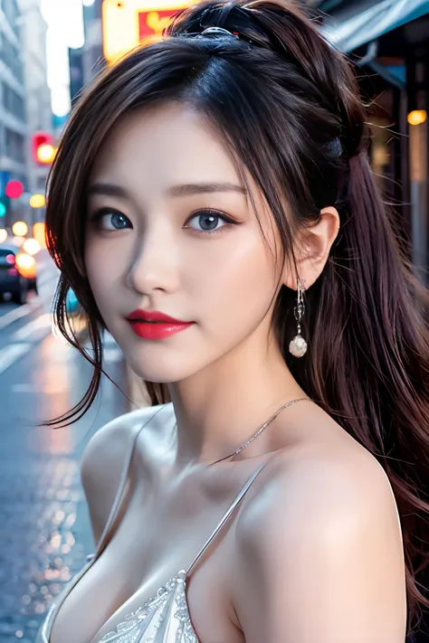 Urban beautiful girl college student, masterpiece, (nsfw:1.5)、Cleavage、light makeup, Red lips, Silver Hair, Disheveled long hair...