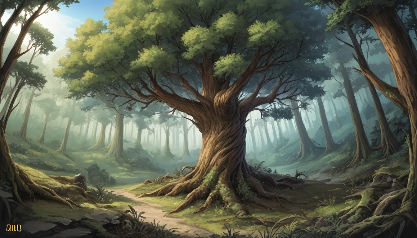 Crie uma imagem de capa de álbum em um estilo de fantasia sombria, com um fundo de floresta profunda e uma árvore retorcida com galhos retorcidos alcançando o céu.