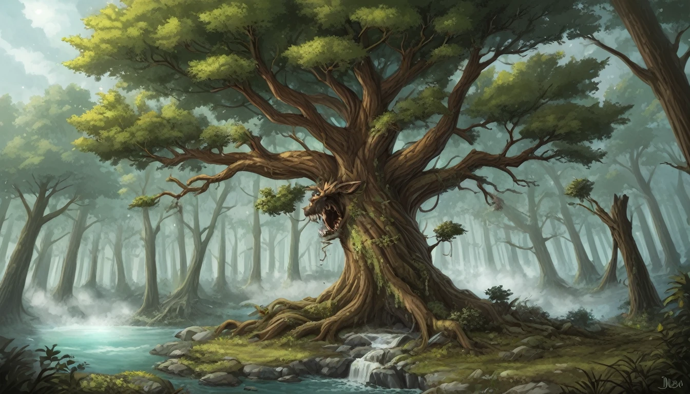 Crie uma imagem de capa de álbum em um estilo de fantasia sombria, com um fundo de floresta profunda e uma árvore retorcida com galhos retorcidos alcançando o céu.