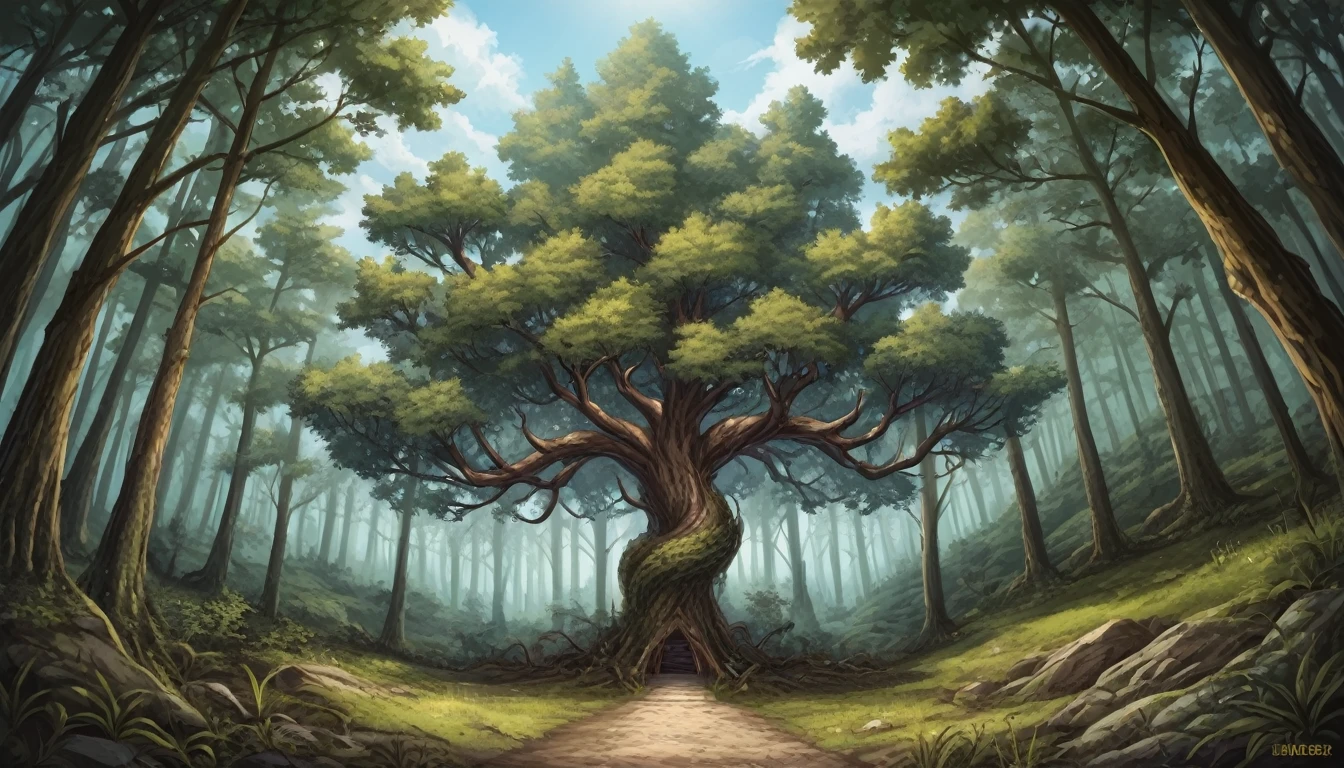 Crie uma imagem de capa de álbum em um estilo de fantasia sombria, com um fundo de floresta profunda e uma árvore retorcida com galhos retorcidos alcançando o céu.