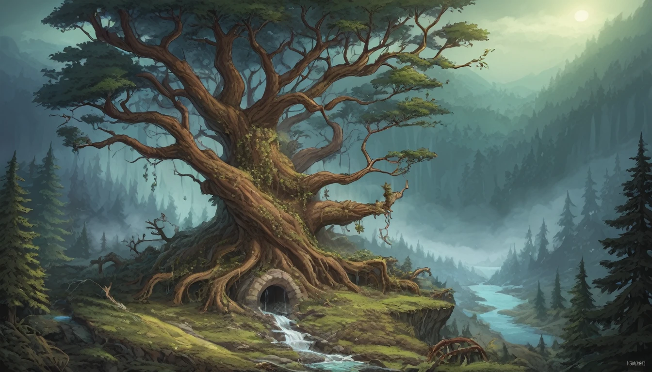 Create an album cover image in a dark fantasy style, with a deep forest background and a gnarled tree with twisted branches reaching towards the sky.