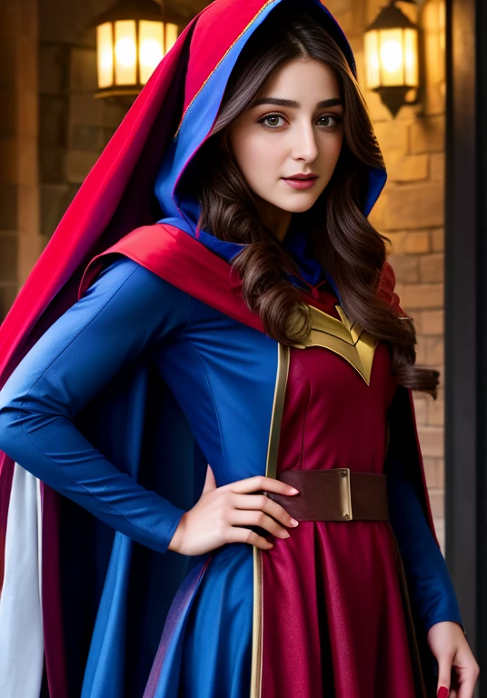 Une femme Arafed vêtue d'une cape rouge et d'une robe bleue debout dans la rue, Maya Ali comme D&d sorcier, Maya Ali comme annonce&d sorcier, Maya Ali comme D&D mago, Maya Ali en tant que sorcière cybernétique, Capuche et cape, Habillé d’une belle cape rouge, Maya Ali en sorcier