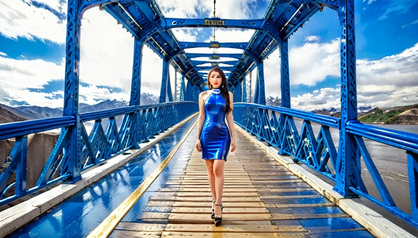 12K, HDR, BEST IMAGE, ] NARROW BRIDGE, WHITE IVORY WITH GOLD, LEADING TO THE INFINITY OF THE COSMOS, UNIVERSE, MOUNTAINS,, A BEAUTIFUL WOMAN, 22 YEARS OLD, LONG AND STRAIGHT HAIR, IN A BLUE LATEX DRESS, IN BLACK SHOES ON THE BRIDGE, 12K. WHITE WITH GOLD