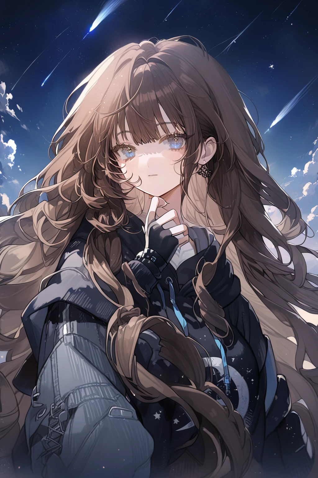 1 girl, CuteStyle, blue eyes, brown hair, long hair with bangs, upper body, flowing hair, dressed in a black hoodie and gray jeans, black fingerless gloves, looking at the viewer, calm gaze, sky, night sky, sky studded with stars, comets, dark, detailed, beautiful, delicate tones

