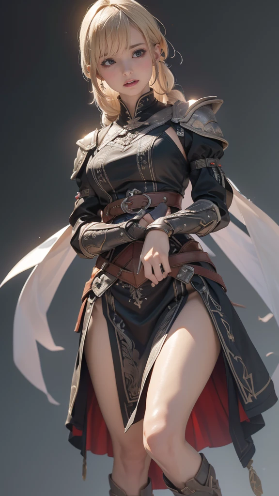 looking back,(fighting pose),(leather boots,(asymmetrical armor),(long embroidered cute dress,see through,lift up the hem of the dress)),(random hairstyle),(Thin type:1.5),(large breasts),(Highest image quality,(8K), Ultra-realistic, Best Quality, High quality, High Definition, high quality texture, high detailing, Beautiful detailed, fine detailed, extremely details CG, Detailed texture, realistic representation of face, masterpiece, presence)
