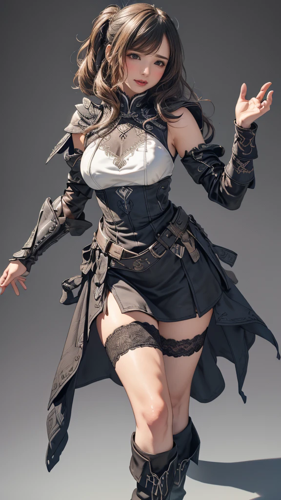 looking back,(fighting pose),(leather boots,(asymmetrical armor),(long embroidered cute dress,see through,lift up the hem of the dress)),(random hairstyle),(Thin type:1.5),(large breasts),(Highest image quality,(8K), Ultra-realistic, Best Quality, High quality, High Definition, high quality texture, high detailing, Beautiful detailed, fine detailed, extremely details CG, Detailed texture, realistic representation of face, masterpiece, presence)
