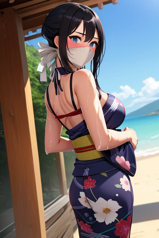 1 girl, detailed blue eyes, longeyelashes, detailed beautiful face, 4k quality, (Long black hair:1.4), (arms behind back:1.6), bound arms, Red rope, (blushing:1.2), (Big boobs:1.2), (yukata, japanese yukata, kimono, bare shoulders, snatched waist, Large bust neckline, 18 jears old:1.6), OTN, gag, gagged, shibari over clothes, standing, close ups, wet skin, Front view, on a beach, from front view