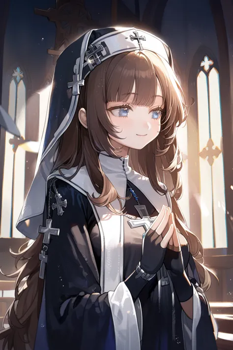 1 girl, cutestyle, upper body, blue eyes, brown hair, long hair with bangs, praying, dressed in a nun's costume black, silver cr...