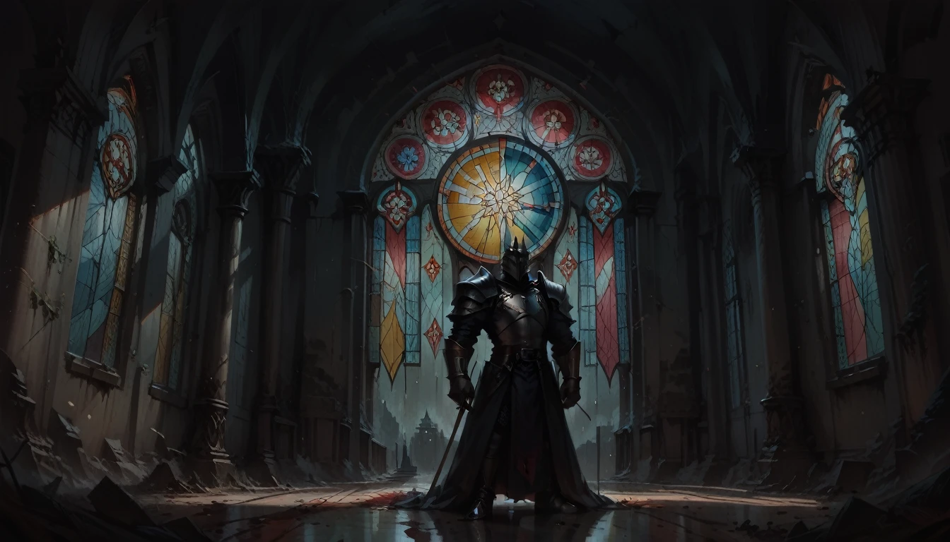 Create an album cover image in a gothic style, with a ruined castle background and a stained glass window depicting a knight battling a dragon.