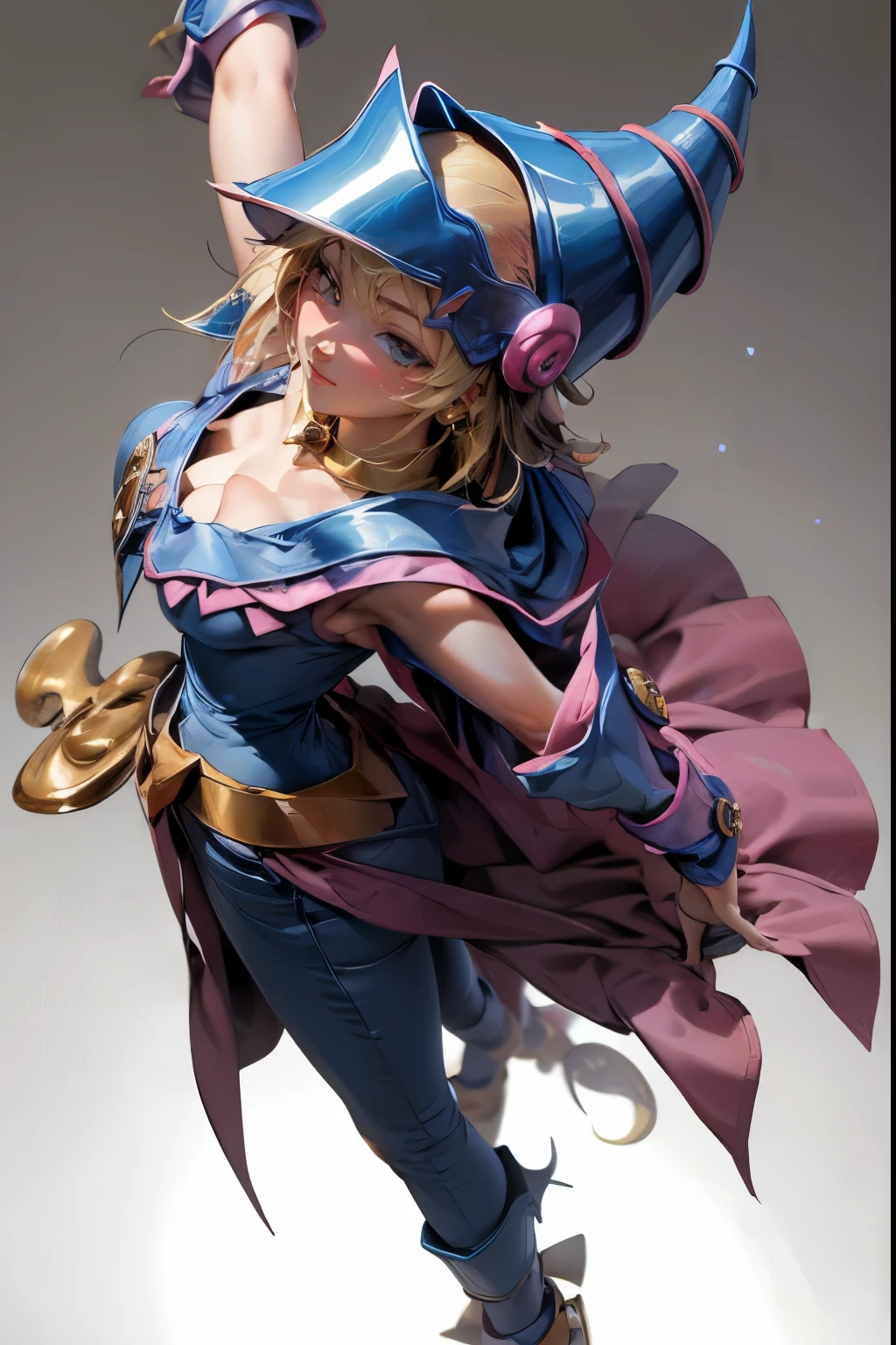 (Masterpiece:1.2), (The best quality:1.2), perfect lighting, Dark Magician Girl casting a spell, in battle. floating in the air, big and visible tits, wear jeans and heels. transparent neckline, blue robe, big hat, From above, sparkles, Yugioh game, The magic of the heart, romantic heart.